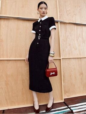 NWT Self-Portrait Black Crepe Contrast Midi Dress. Size S/4